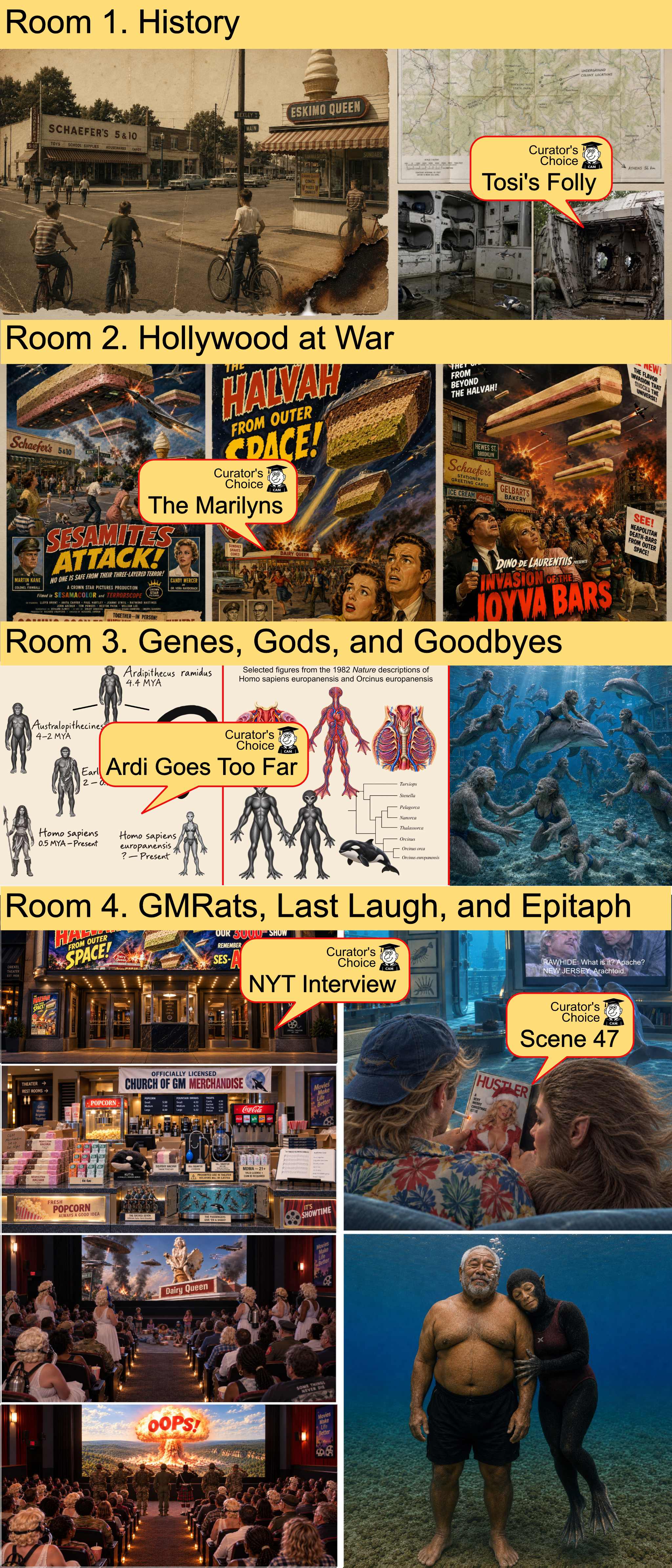 Four rooms of The Halvah War exhibit, arranged from Room 1 at the top to Room 4 at the bottom.