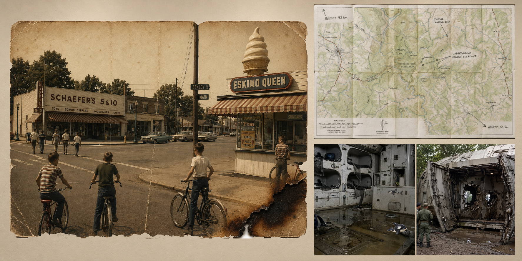 The First Outbreak room, showing three artifacts: a damaged street photograph, an annotated field map, and ship investigation photographs.