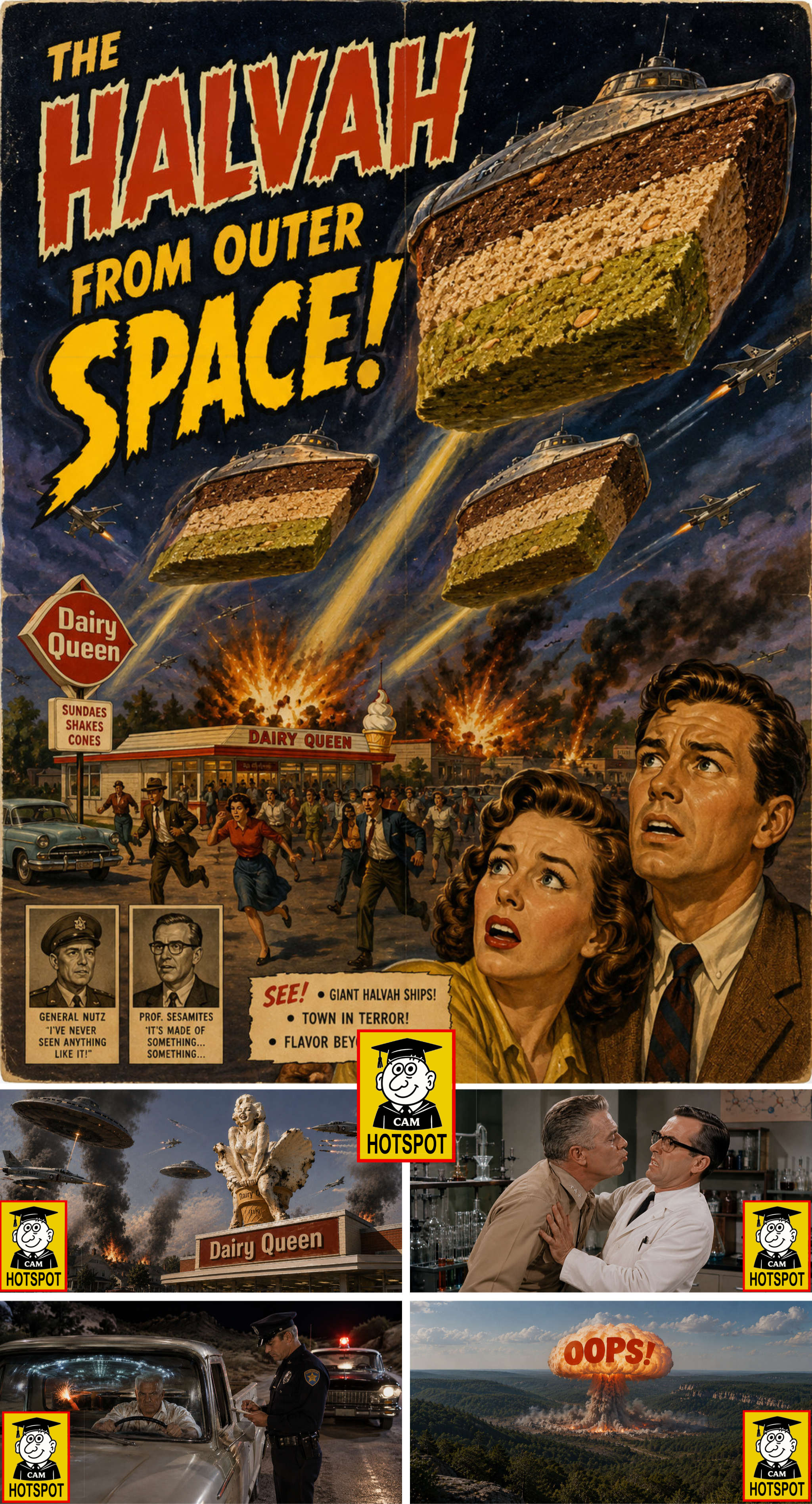 The Halvah from Outer Space poster above four movie scenes. Five interactive badges open notes about the movie scenes and midnight screenings.