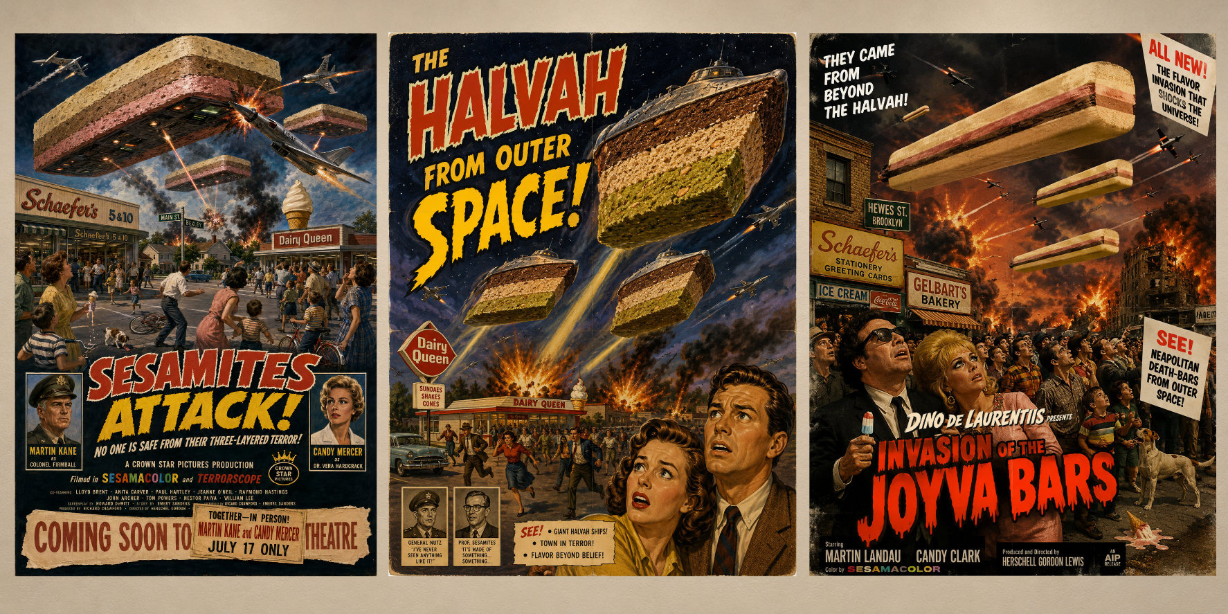 Three Hollywood Halvah Wars posters arranged left to right: Sesamites Attack, The Halvah from Outer Space, and Invasion of the Joyva Bars.
