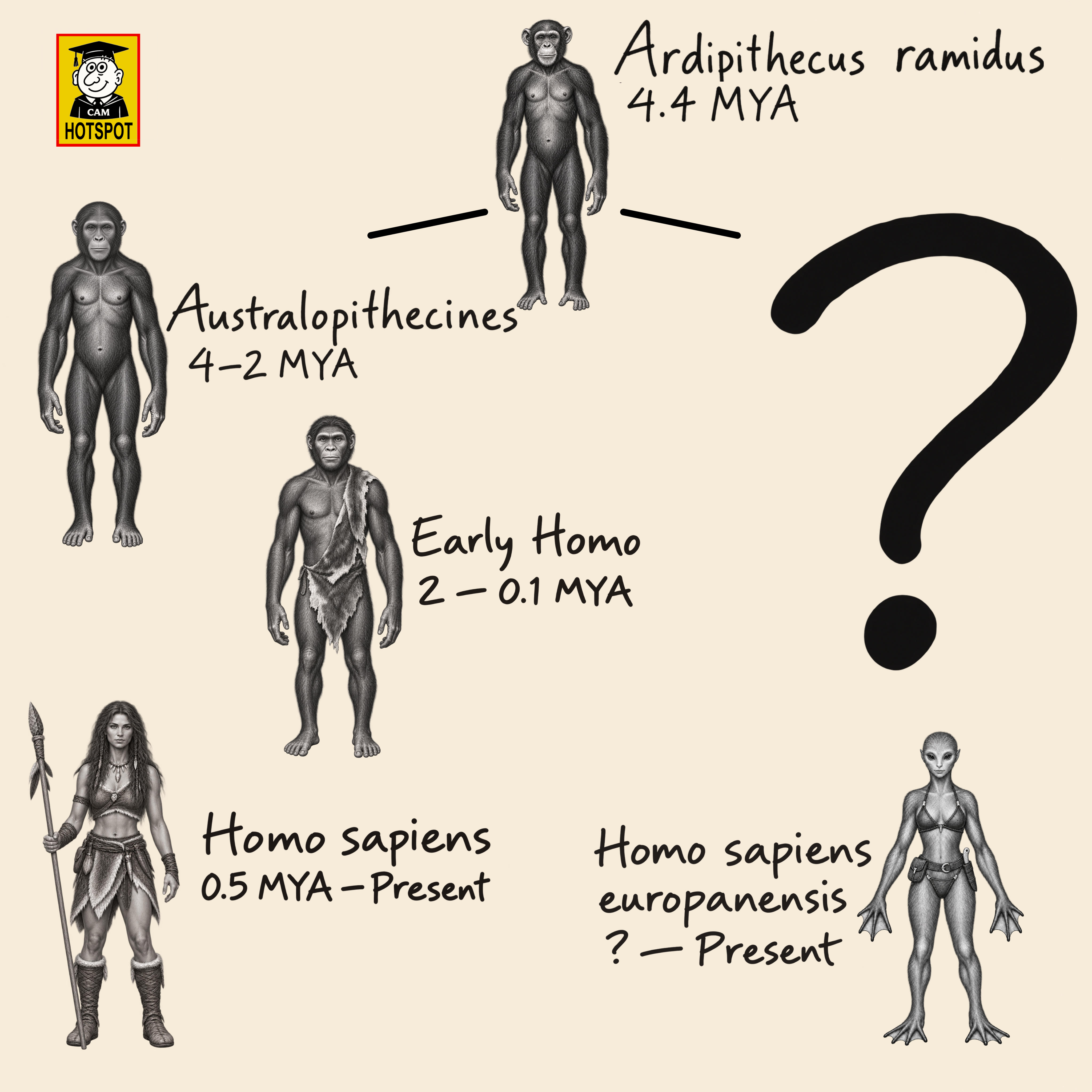Cladogram comparing the terrestrial human lineage with the unknown Europan lineage from Ardipithecus ramidus.