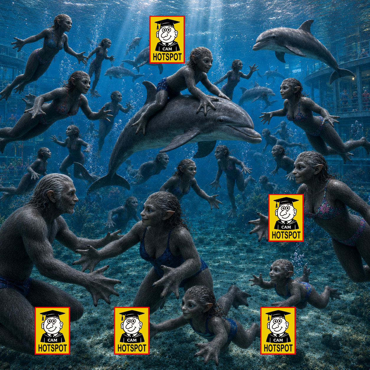 Three generations of Europans swimming with dolphins at the Lagoon reunion, with five CAM HOTSPOT badges.