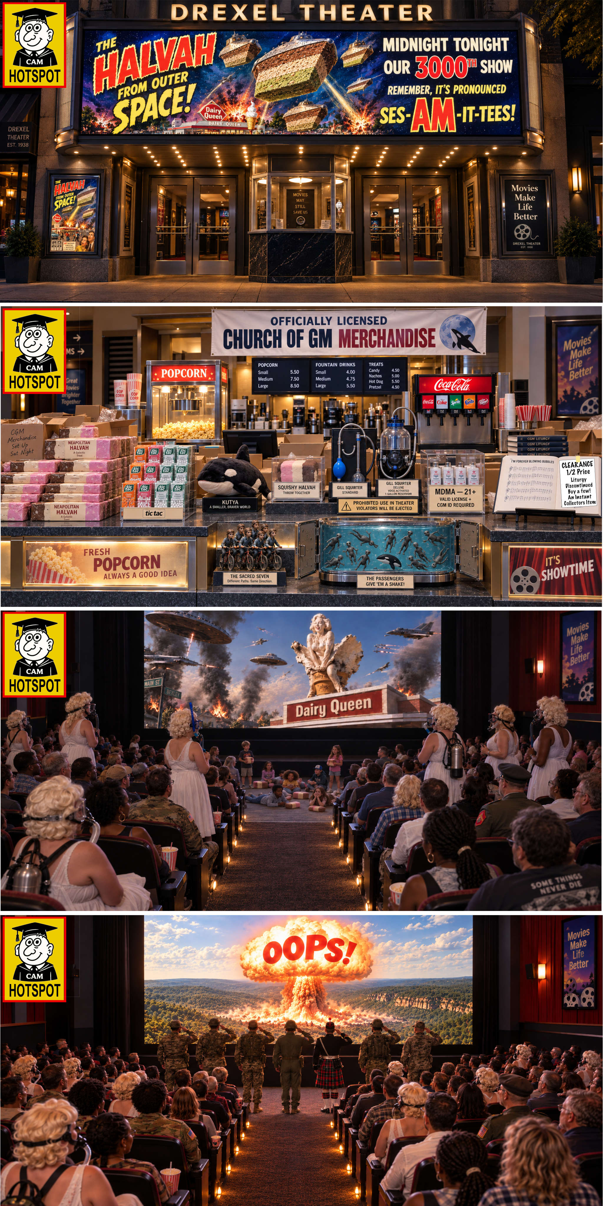 Four stacked scenes showing the Drexel Theater marquee, the Church of GM merchandise concession stand, the standing Marilyns ritual, and the OOPS ritual, each with a CAM HOTSPOT badge at the left edge.