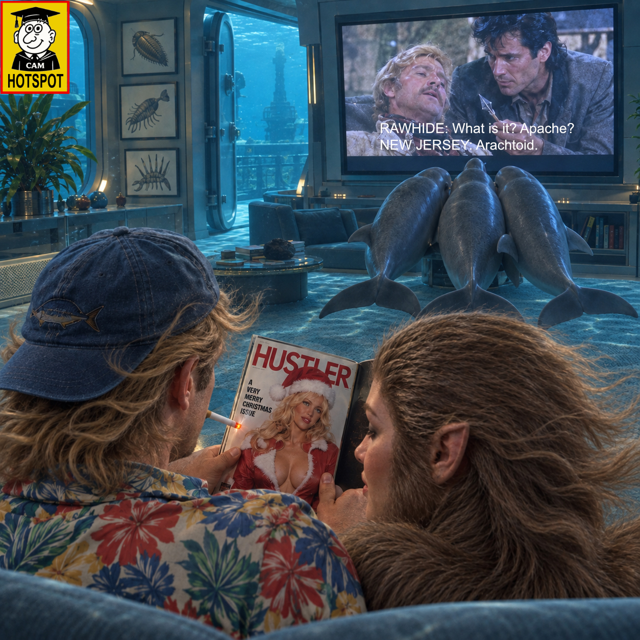GM and a Europan relax in the TV lounge; a CAM HOTSPOT badge appears at the upper-left.