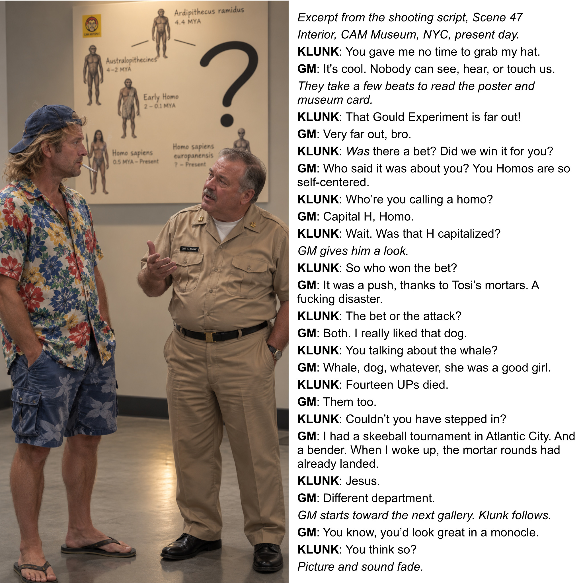 GM and Klunk visit the CAM Museum in the future, beside an excerpt from the shooting script, Scene 47.