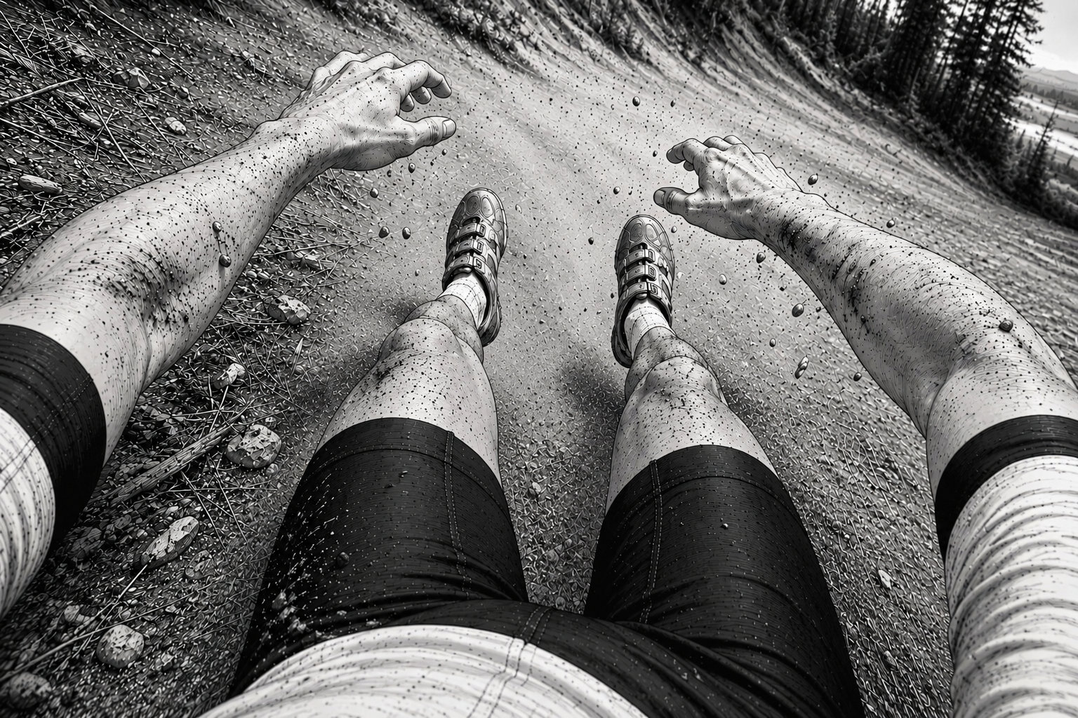 rider sliding downslope on dirt shoulder