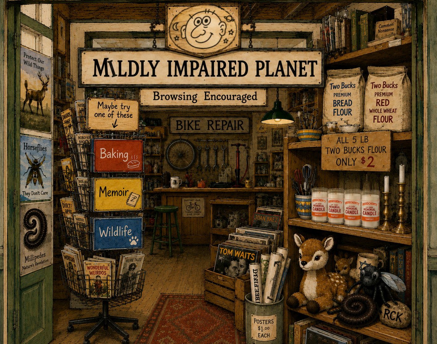 The Mildly Impaired Planet curiosity shop, with a spinner rack offering Baking, Memoir, and Wildlife.